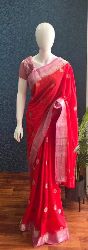 Contrast Red Pink Semi Silk Saree