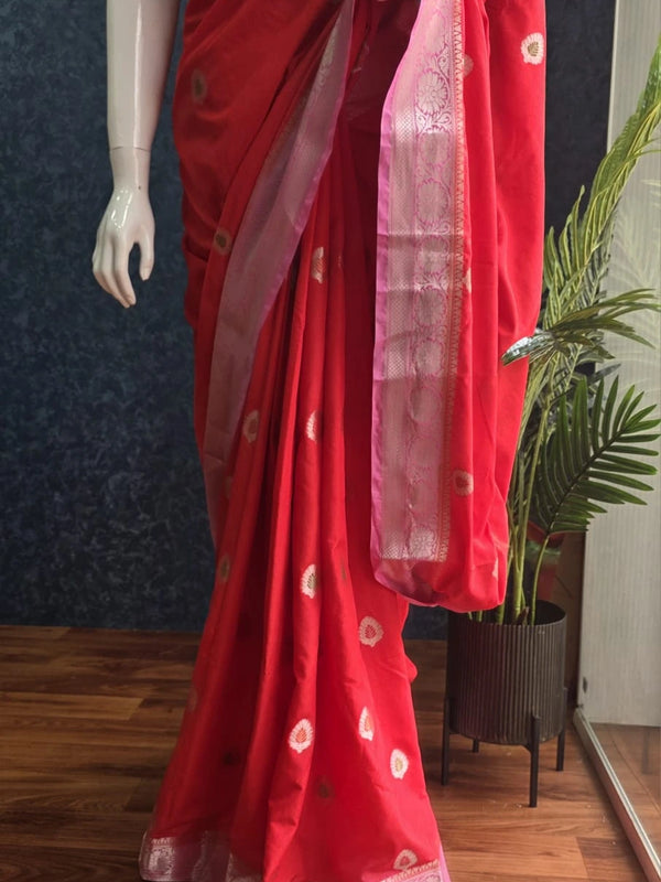 Contrast Red Pink Semi Silk Saree