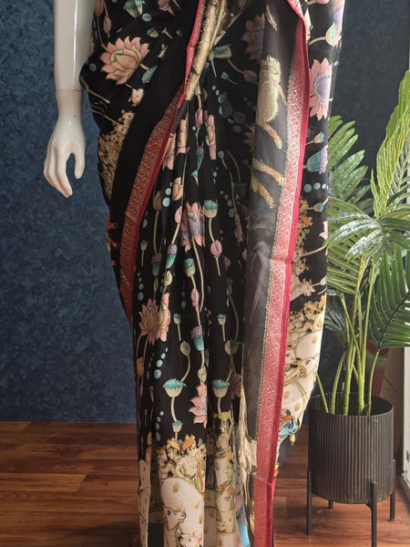 Pichwai Prints Black Viscose Saree