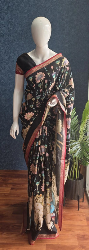 Pichwai Prints Black Viscose Saree