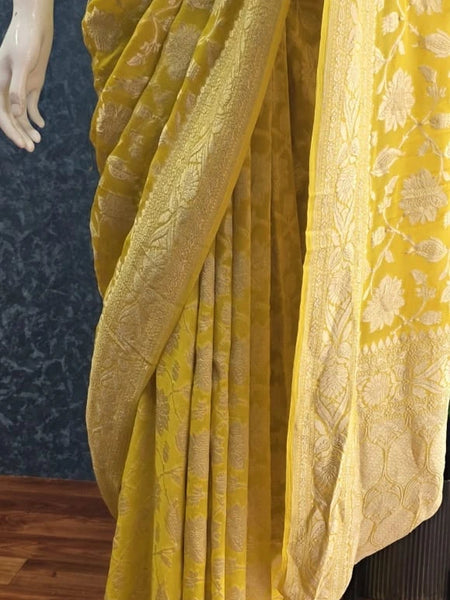 Khaddi Gorgette Yellow Pure Banarsai Saree