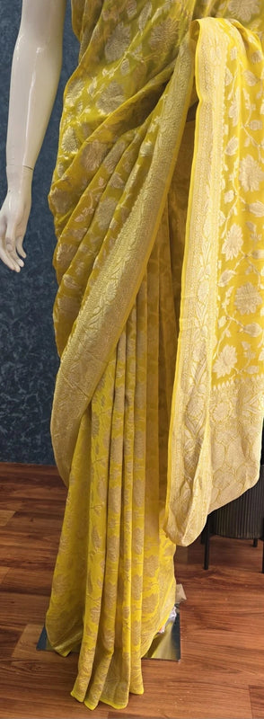 Khaddi Gorgette Yellow Pure Banarsai Saree