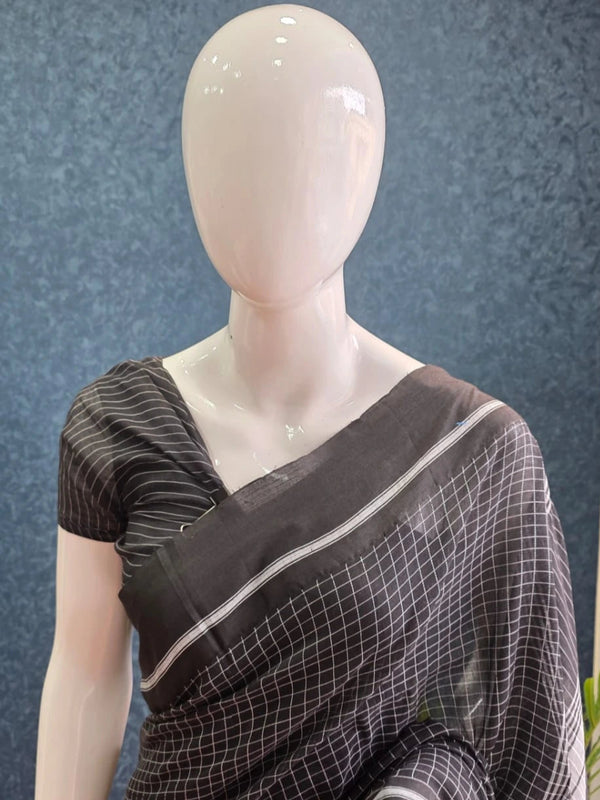 Bengal Checks Grey Black Cotton Saree