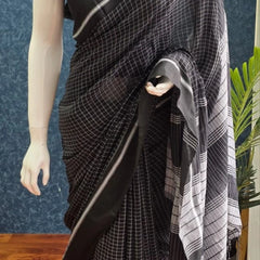 Bengal Checks Grey Black Cotton Saree
