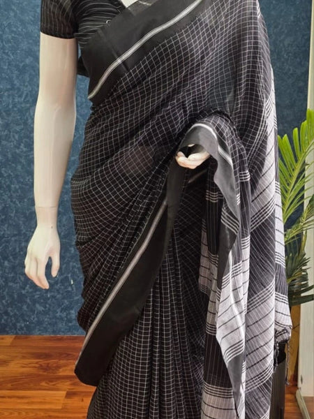 Bengal Checks Grey Black Cotton Saree