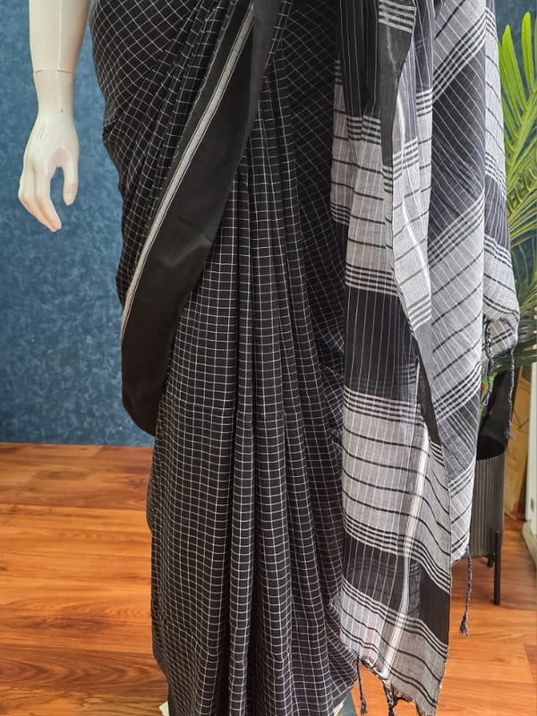 Bengal Checks Grey Black Cotton Saree