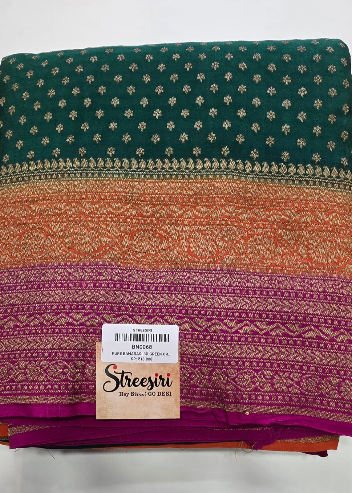 Pure Banarasi 3D Green Orange Pink
