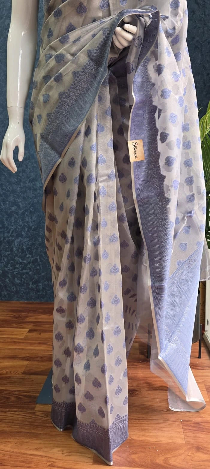 Banarasi Tissue Silver With Blue Butta