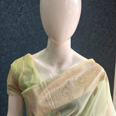 Kora Organza Light Pista Green Banarasi Saree