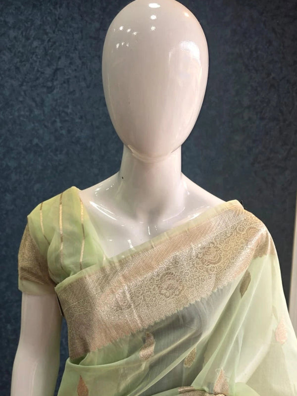 Kora Organza Light Pista Green Banarasi Saree