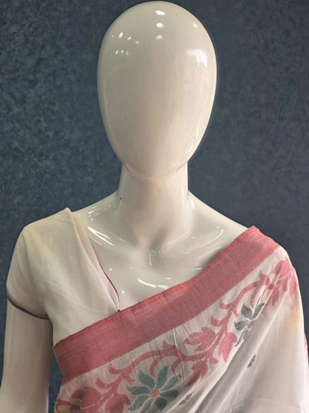 Bengal  White Pink Cotton Saree
