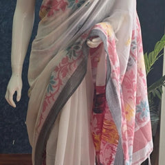 Bengal  White Pink Cotton Saree
