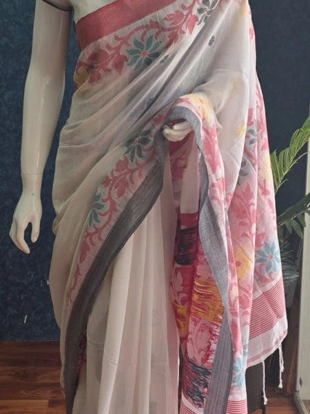 Bengal  White Pink Cotton Saree