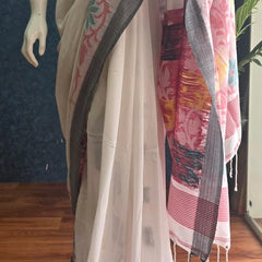 Bengal  White Pink Cotton Saree