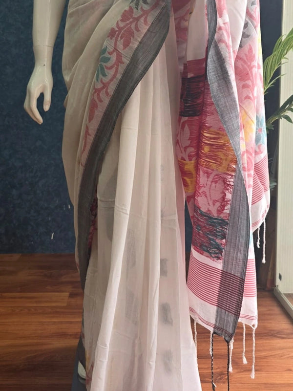 Bengal  White Pink Cotton Saree