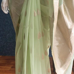 Kora Organza Light Pista Green Banarasi Saree