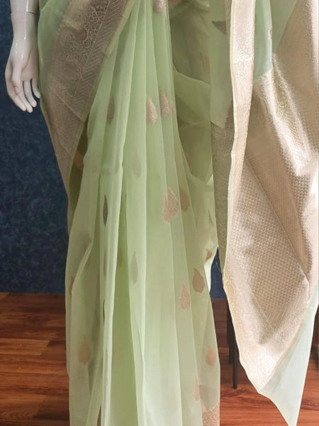 Kora Organza Light Pista Green Banarasi Saree