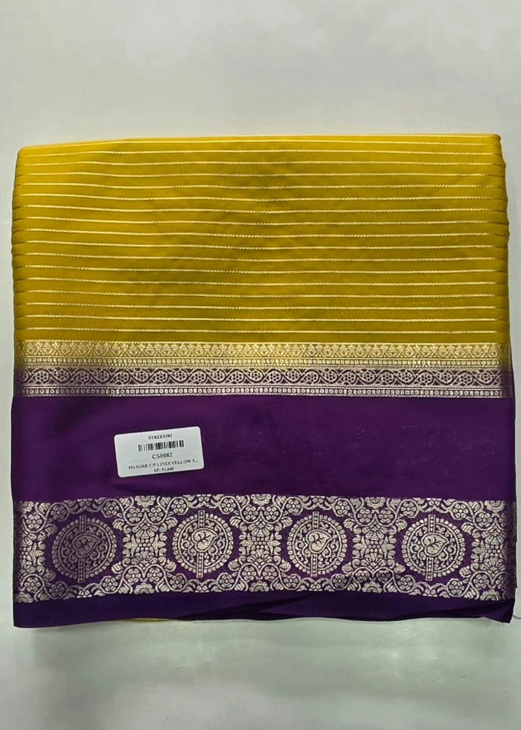 Contrast Lines Yellow Purple Semi Crepe Silk Saree