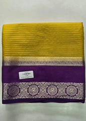 Contrast Lines Yellow Purple Semi Crepe Silk Saree