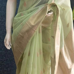 Kora Organza Light Pista Green Banarasi Saree