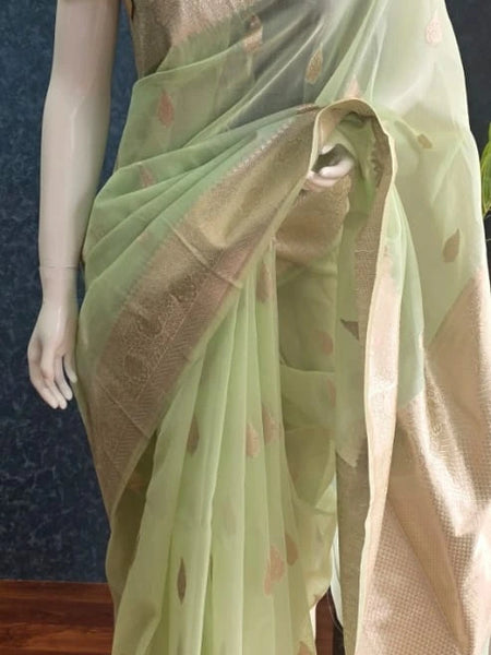 Kora Organza Light Pista Green Banarasi Saree