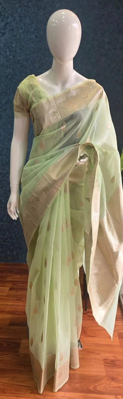 Kora Organza Light Pista Green Banarasi Saree