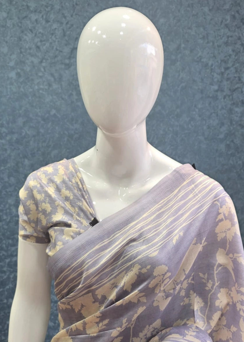 Tussar Crush Floral Lavender Cream