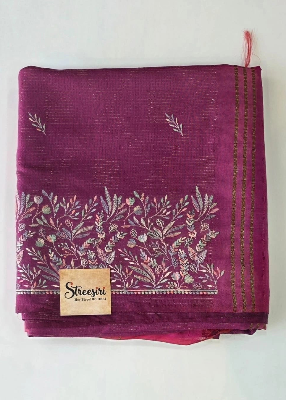 Embroider Magenta Pink Tussar Saree