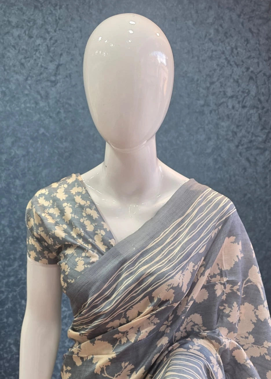 Tussar Crush Floral Dusty Blue Cream