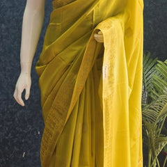 Soft Yellow Blue Semi Silk Saree