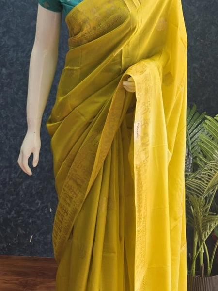 Soft Yellow Blue Semi Silk Saree