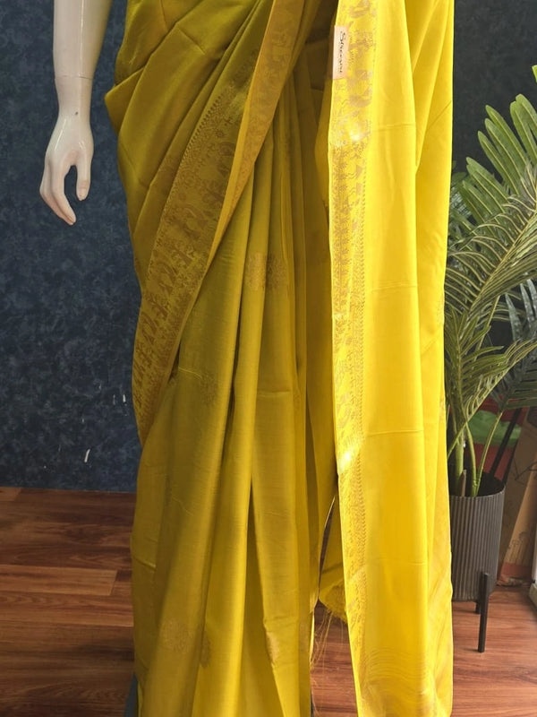 Soft Yellow Blue Semi Silk Saree