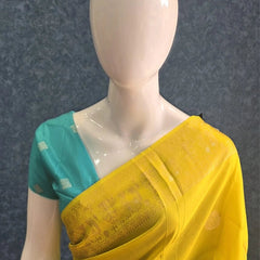 Soft Yellow Blue Semi Silk Saree