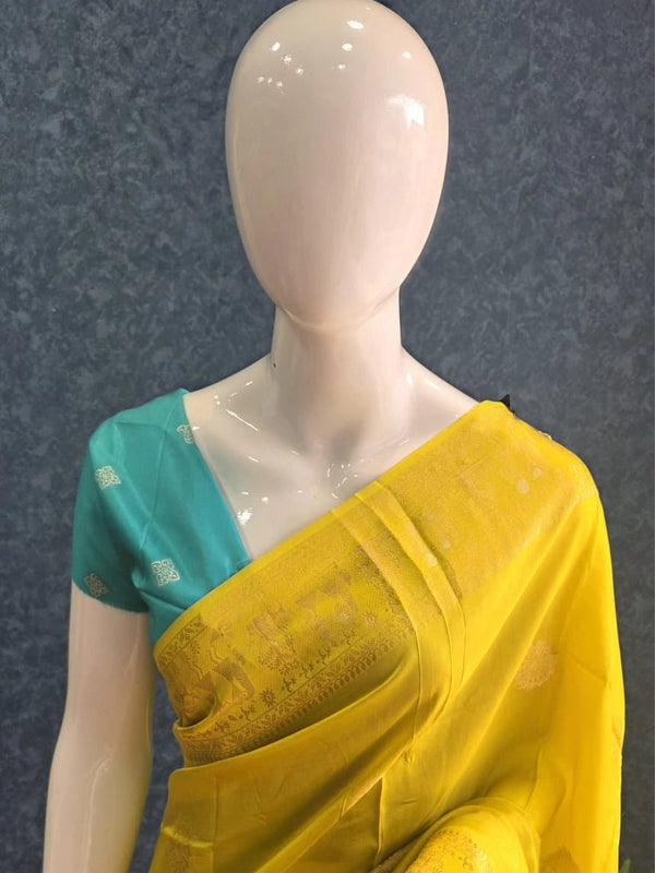 Soft Yellow Blue Semi Silk Saree