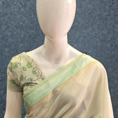 Brocade Blouse Pista Green Chanderi Saree