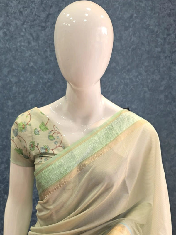Brocade Blouse Pista Green Chanderi Saree