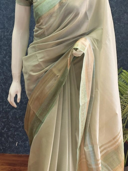Brocade Blouse Pista Green Chanderi Saree