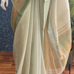 Brocade Blouse Pista Green Chanderi Saree