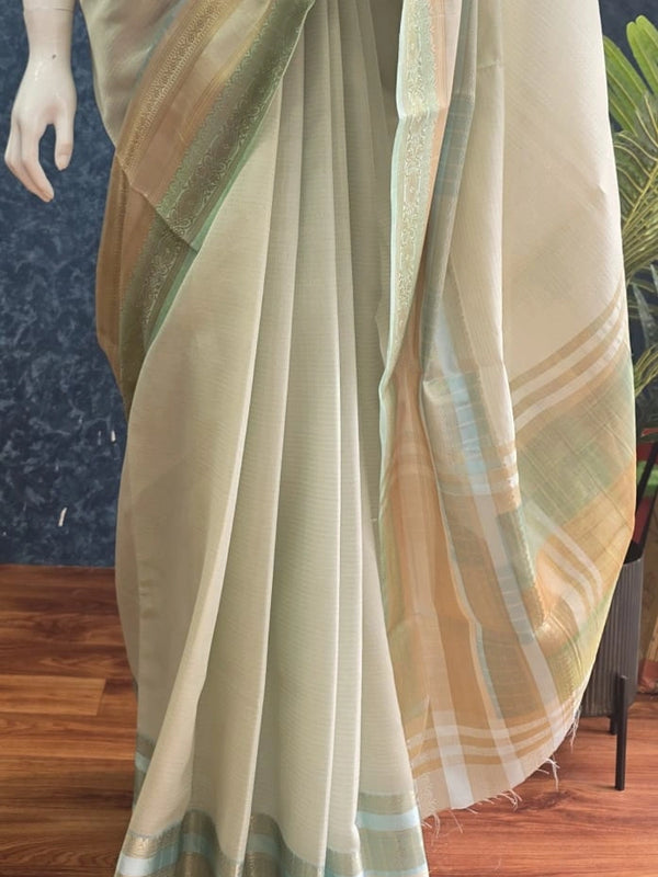 Brocade Blouse Pista Green Chanderi Saree
