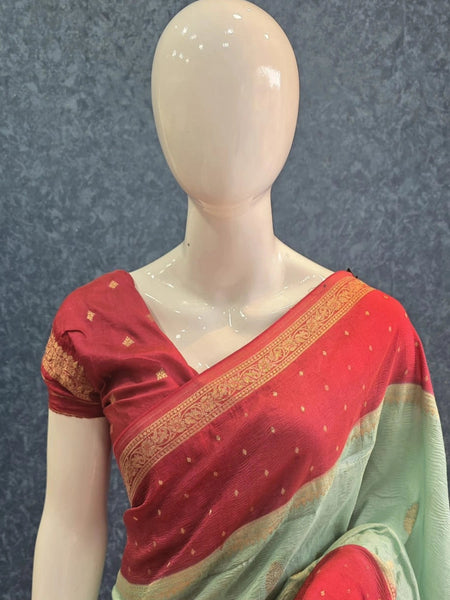 Crush Ocean Green Rose Pink Tussar Crepe Saree