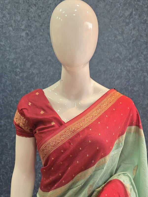 Crush Ocean Green Rose Pink Tussar Crepe Saree
