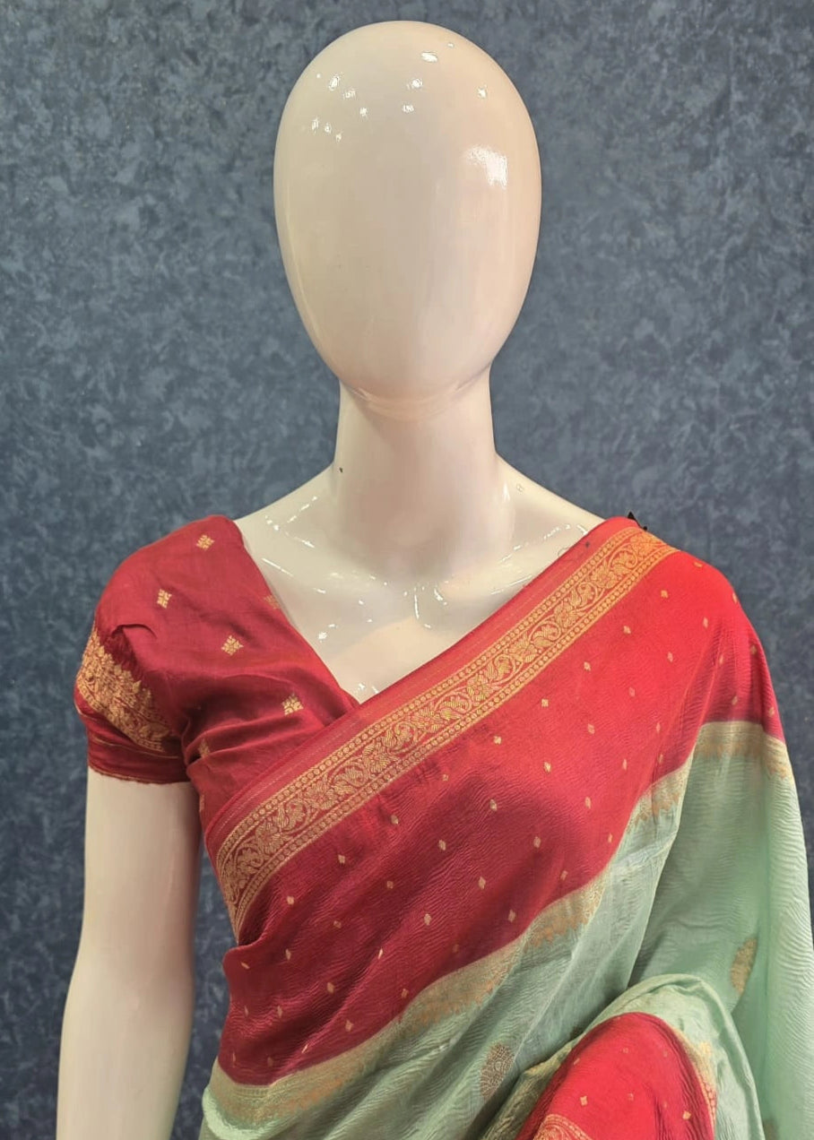 Tussar Crepe Crush Ocean Green Rose Pink