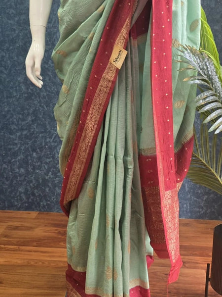 Crush Ocean Green Rose Pink Tussar Crepe Saree