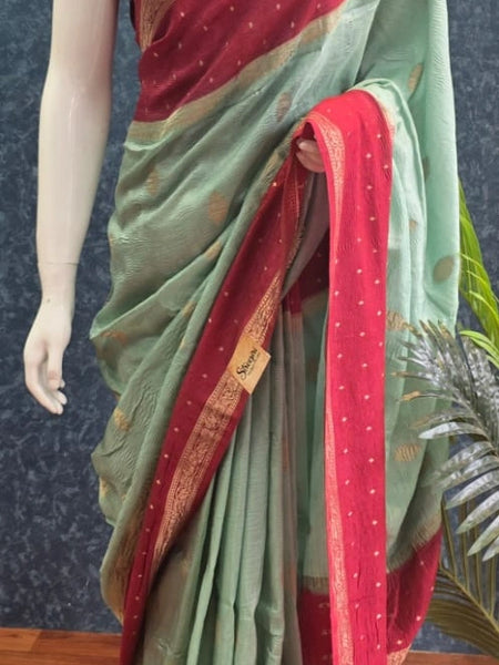 Crush Ocean Green Rose Pink Tussar Crepe Saree
