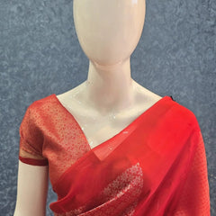 Brocade Blouse Brick Red Kosa Silk Saree