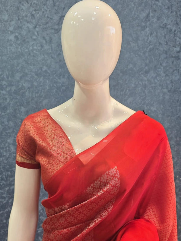 Brocade Blouse Brick Red Kosa Silk Saree