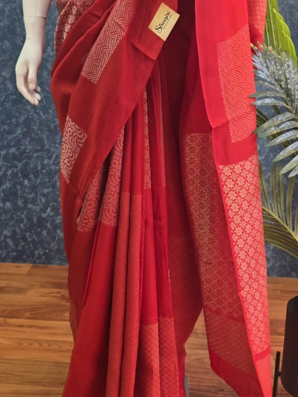 Brocade Blouse Brick Red Kosa Silk Saree
