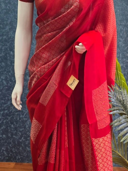 Brocade Blouse Brick Red Kosa Silk Saree