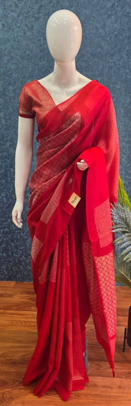 Brocade Blouse Brick Red Kosa Silk Saree