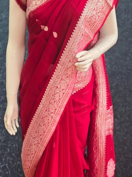 Khaddi Chiffon Maroon Pure Banarasi Saree